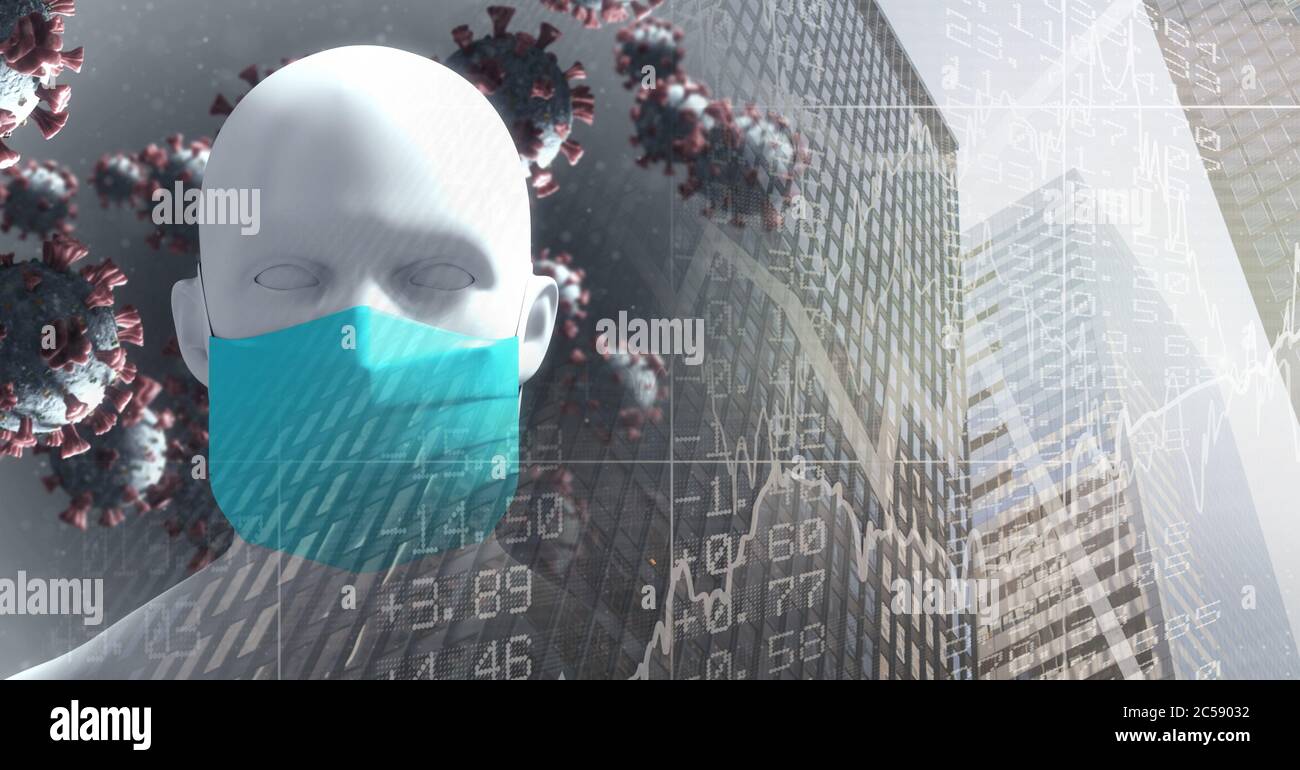 Cellules Covid-19 et modèle de tête humaine 3D portant un masque facial contre de grands bâtiments Banque D'Images
