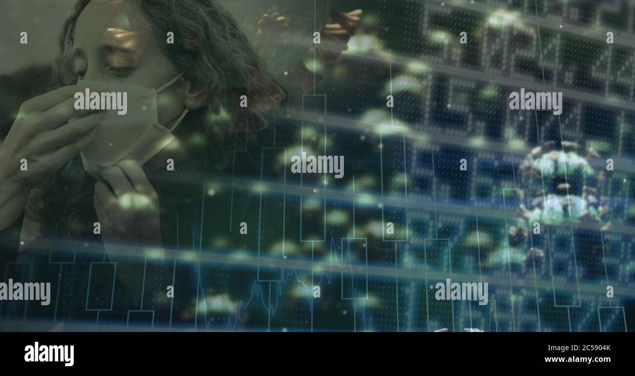 Cellules Covid-19 et traitement des données boursières contre la femme portant un masque facial éternuant Banque D'Images