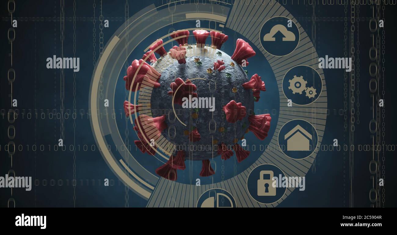 Portée avec les icônes des réseaux sociaux qui balaie les cellules Covid-19 contre le traitement des données en arrière-plan Banque D'Images