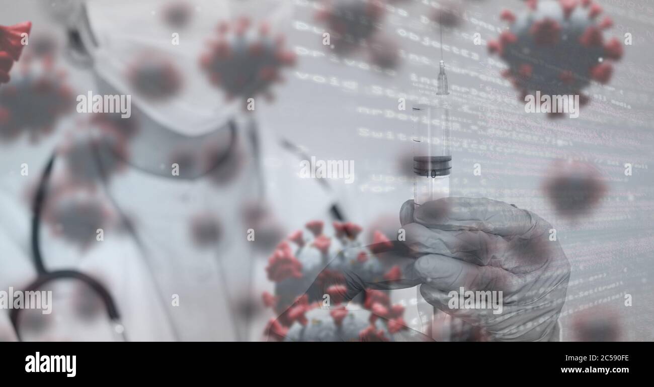 Cellules Covid-19 et traitement de données contre le médecin tenant une seringue Banque D'Images