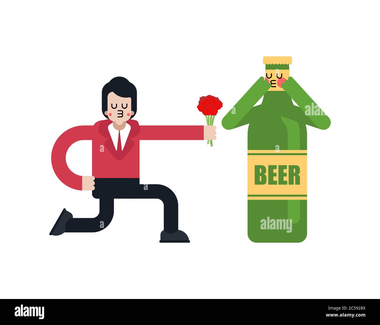 Bière amant donner des fleurs. Guy et bouteille de bière. Relation romantique avec l'alcool. Amour de l'alcool. Illustration 7 Illustration de Vecteur