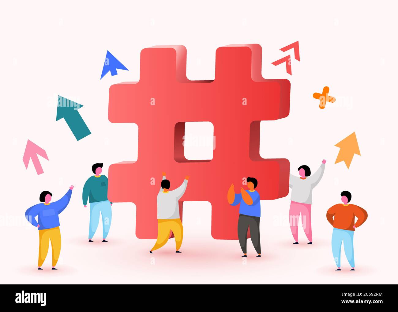 Affiche hashtag. Concept de hashtag pour le marketing des médias sociaux, la publicité, le blogging, la planification des médias, la promotion dans le réseau social avec groupe de personnes heureuses. Vecteur Illustration de Vecteur