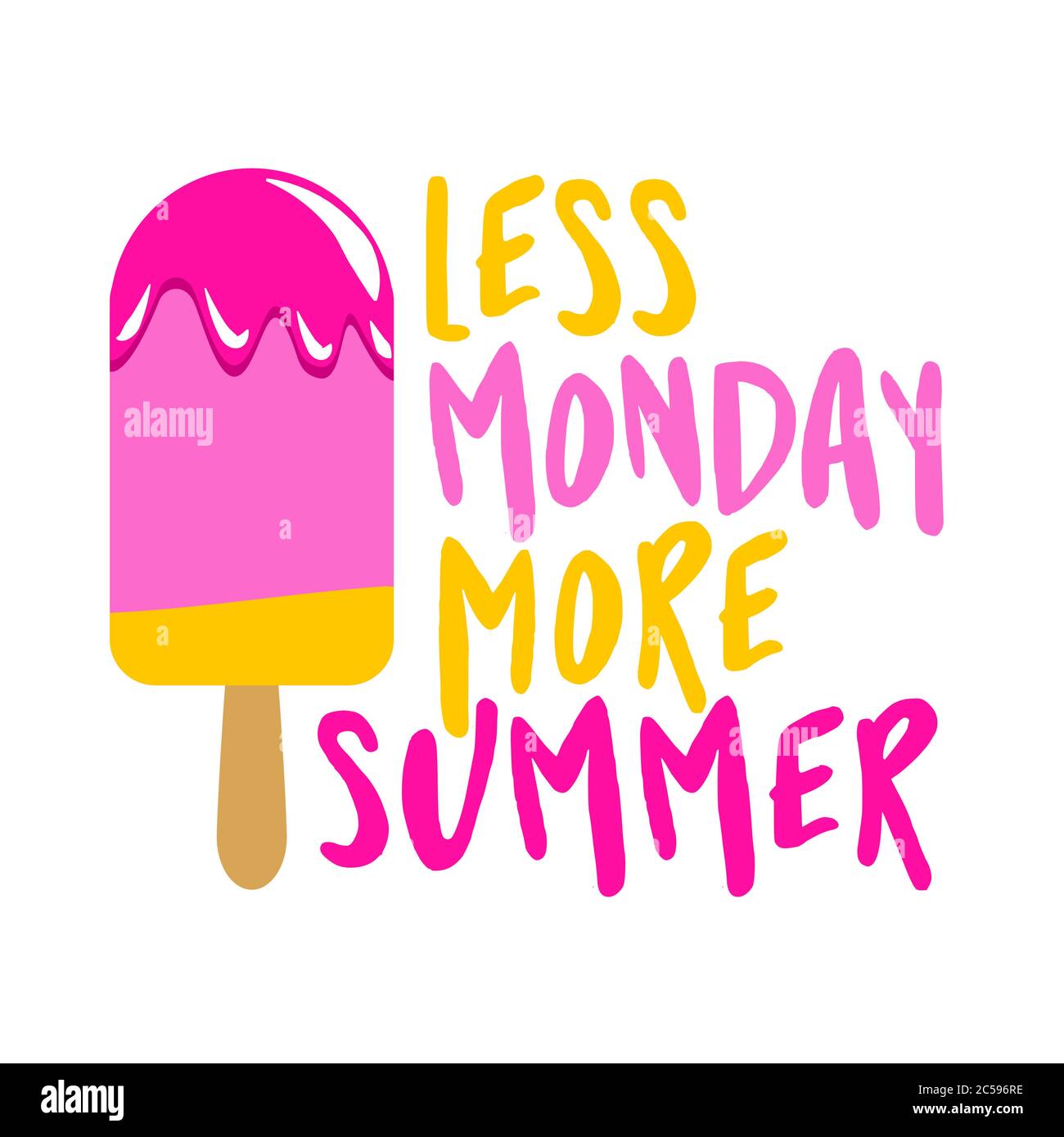 Moins Lundi Plus D Ete Glace De Fraise Stickles Sur Fond Blanc Avec Une Belle Citation Mignonne De Glace Dessinee A La Main Dans La Main De Femme Fun Happy Doodl Image Vectorielle
