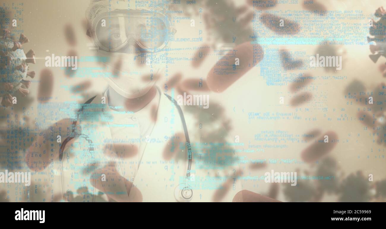 Cellules Covid-19 et traitement de données contre le médecin portant un masque facial Banque D'Images