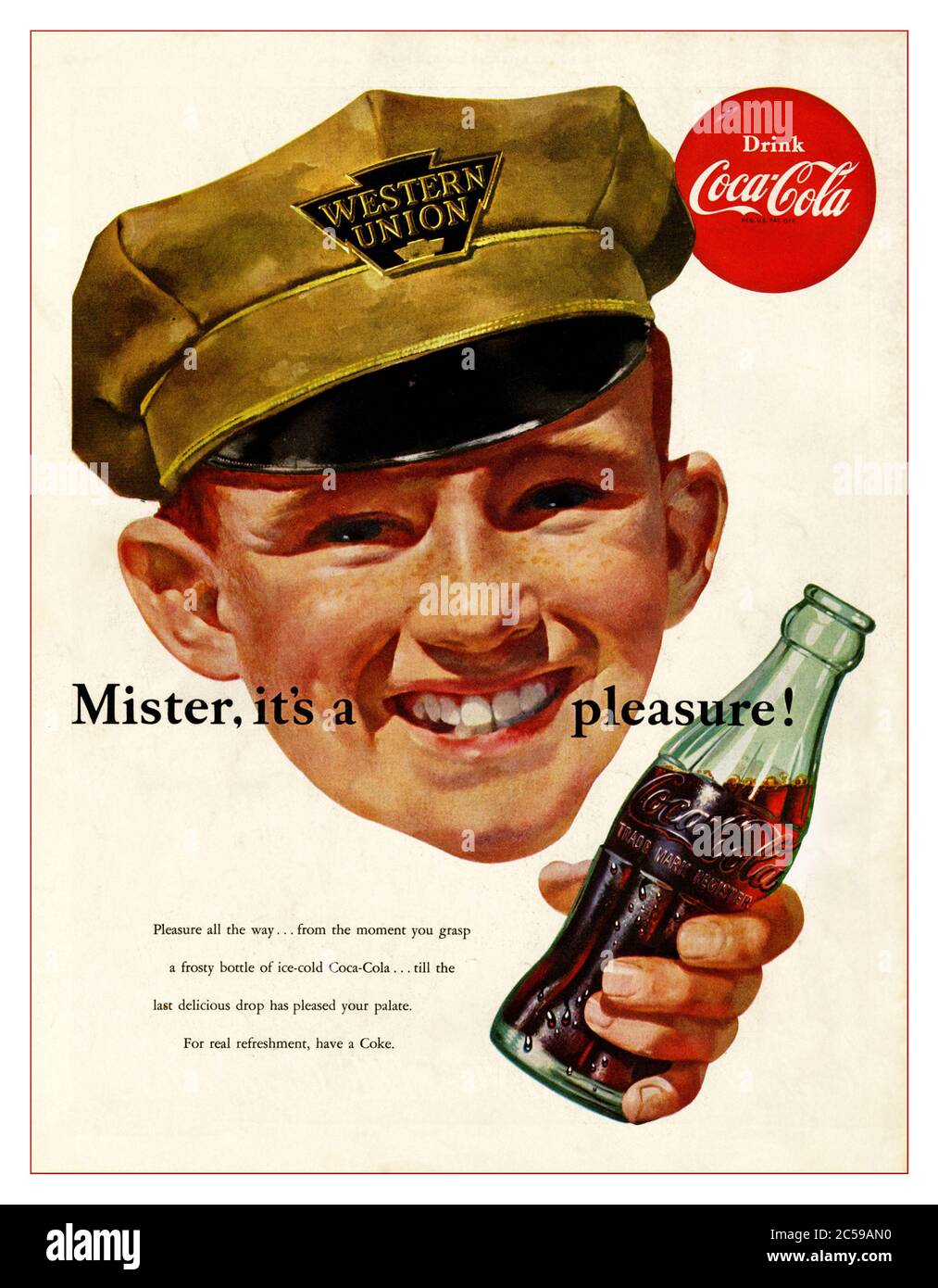 1952 Coca-Cola Drinks Publicité avec une casquette souriante portant un  homme de livraison Western Union avec une bouteille ouverte de Coca Cola «  Mister ITS a Pleasure » Photo Stock - Alamy