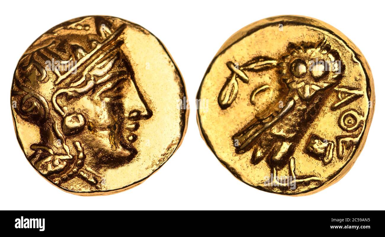 Le grec ancien Coin (reproduction) or Stater d'Athènes à partir de c296 BC. Ar : Owl. Avers : tête d'Athéna Banque D'Images