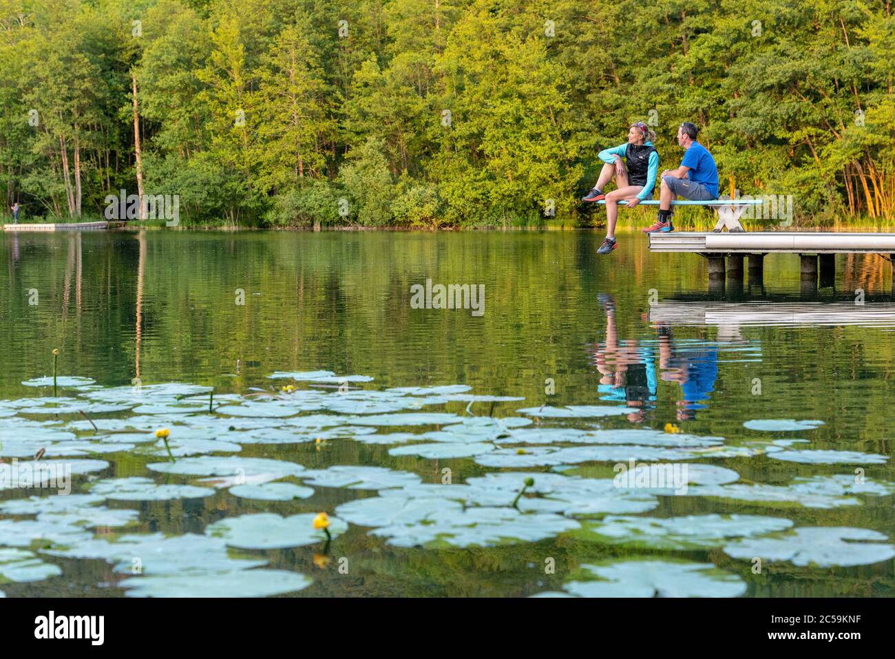 France, Savoie, foreland savoyard, couple à la plage du lac Saint Jean de Chevelu Banque D'Images