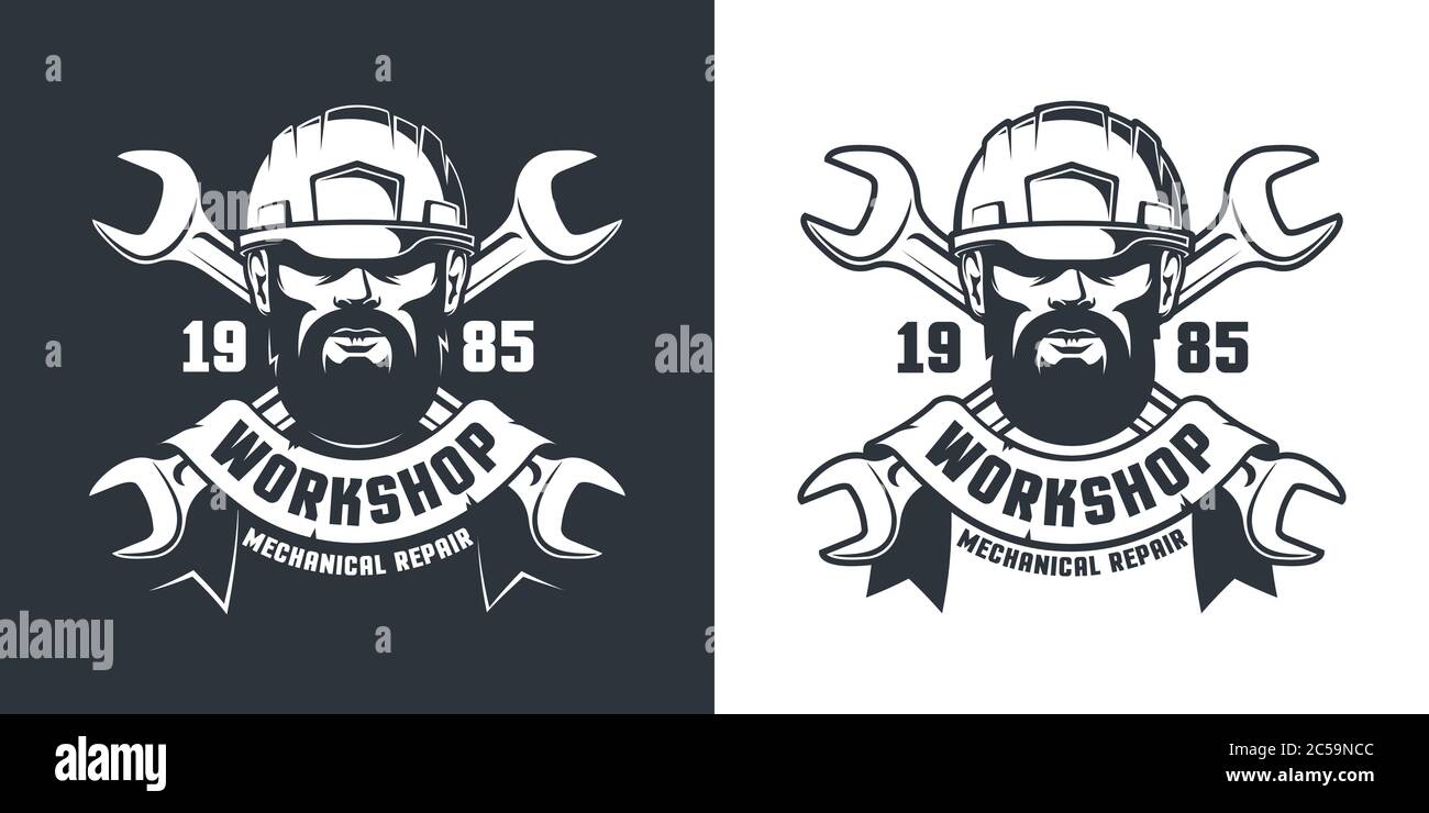 Handyman en casque et clé croisée - logo vintage Illustration de Vecteur