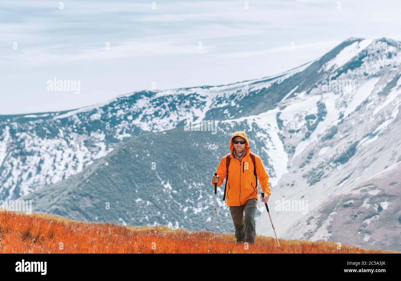 Habillé blouson orange brillant Backpacker marche par le champ de bleuets rouges en utilisant des bâtons de randonnée avec le fond de chaîne de montagnes, Slovaquie. Personnes actives et Banque D'Images