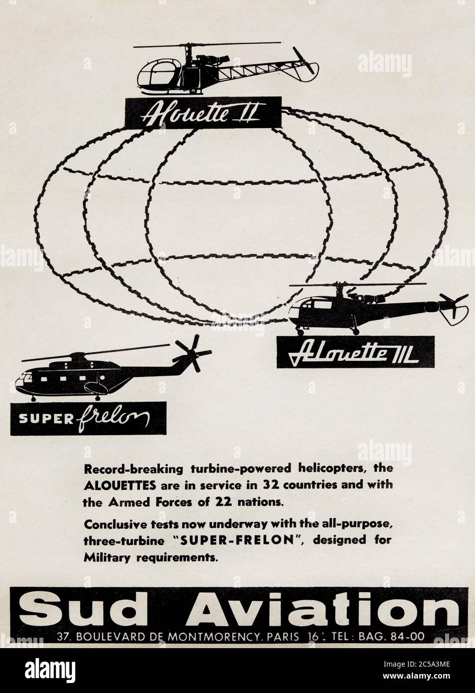 Publicité vintage pour les hélicoptères Sud Aviation Alouette et Super Frelon. Banque D'Images