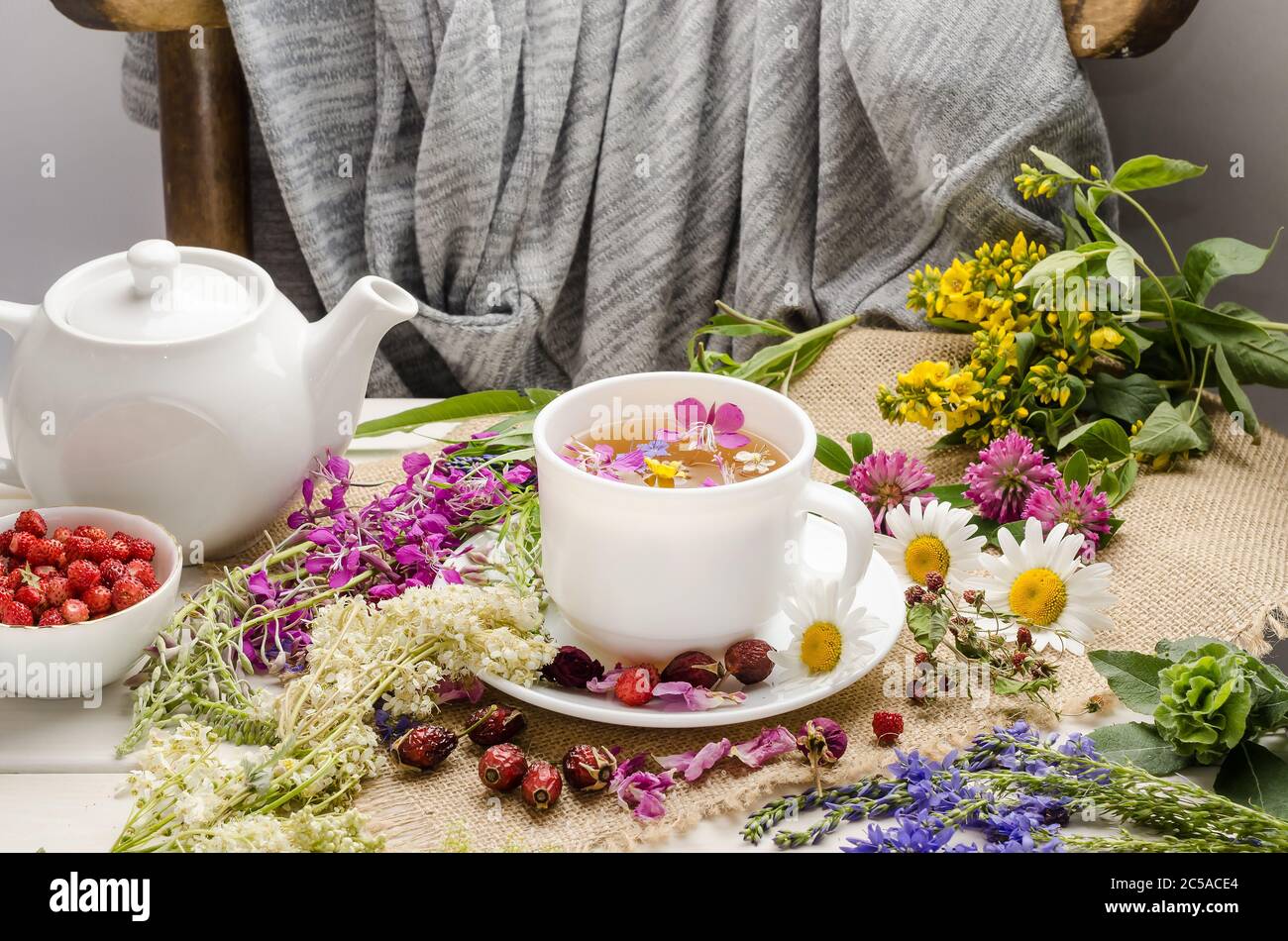 Tisane dans une tasse blanche avec fleurs. Cérémonie du thé. Thé avec camomille, avec rose sauvage et trèfle Banque D'Images