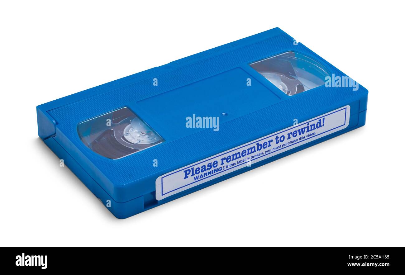 Cassette de location VHS bleue isolée sur blanc. Banque D'Images