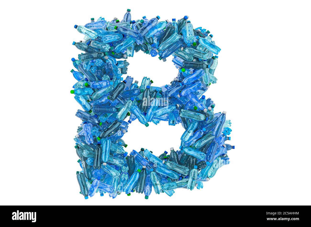 Lettre B provenant de bouteilles d'eau en plastique, rendu 3D isolé sur fond blanc Banque D'Images