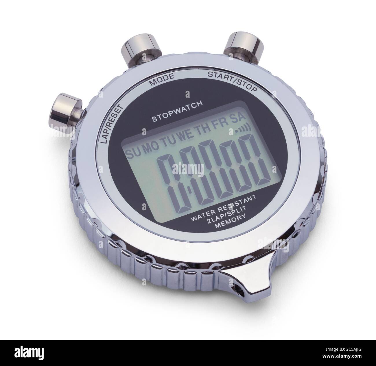 Chronomètre numérique chromé isolé sur fond blanc. Banque D'Images