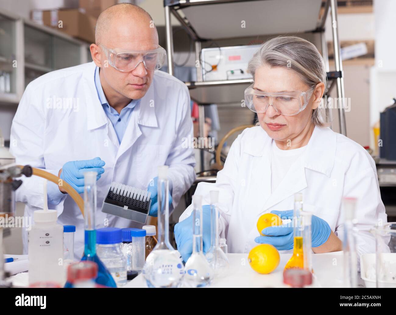 Recherche scientifique en laboratoire. Deux scientifiques analysant la qualité et la pureté des produits agricoles Banque D'Images