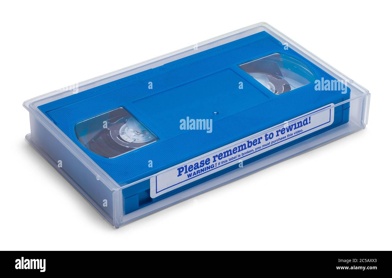 Cassette de location VHS bleue dans un boîtier transparent isolée sur blanc. Banque D'Images