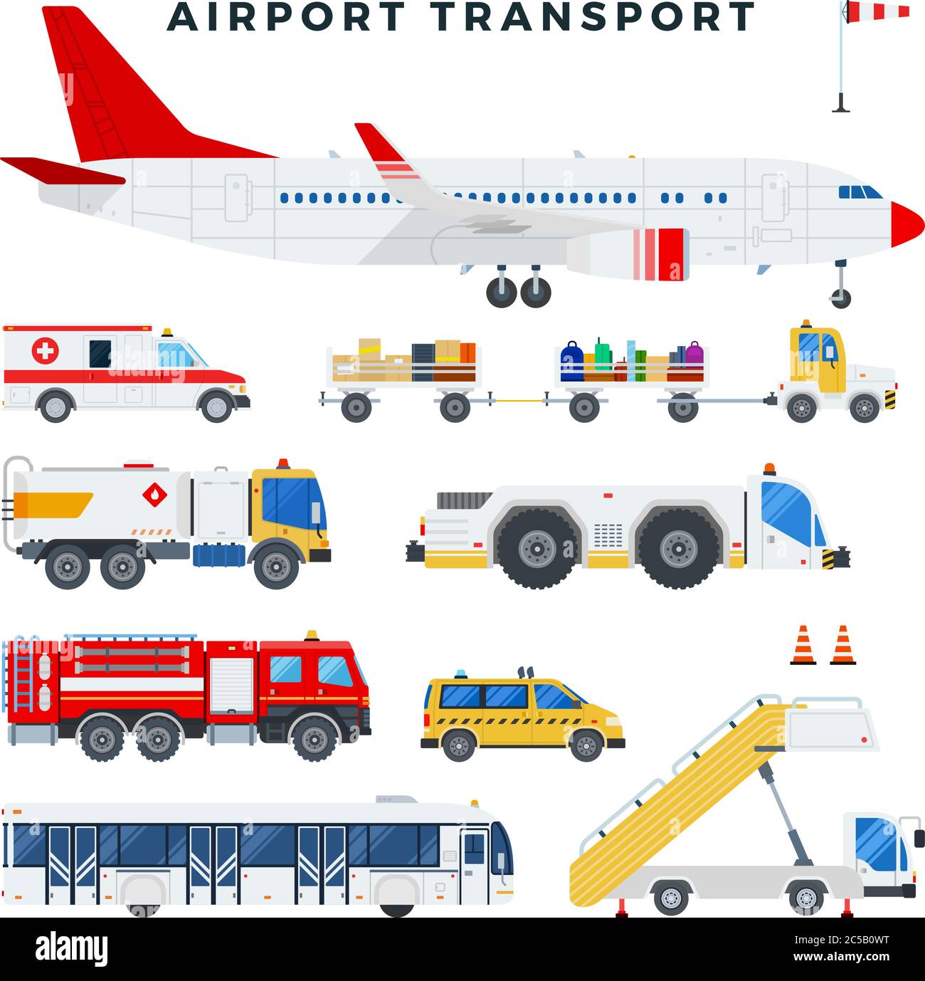 Aéronefs et véhicules des services au sol de l'aéroport. Illustration vectorielle de style plat. Illustration de Vecteur