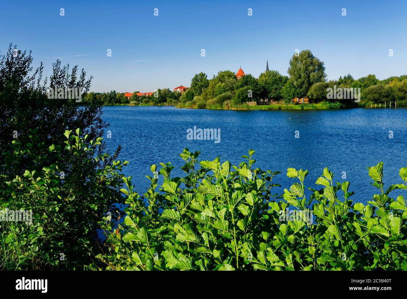 Dannenberg (Elbe): Vue sur Thielenburger Voir tour Waldemar et clocher de l'église Saint Johannes, quartier de Lüchow-Dannenberg, Basse-Saxe Banque D'Images