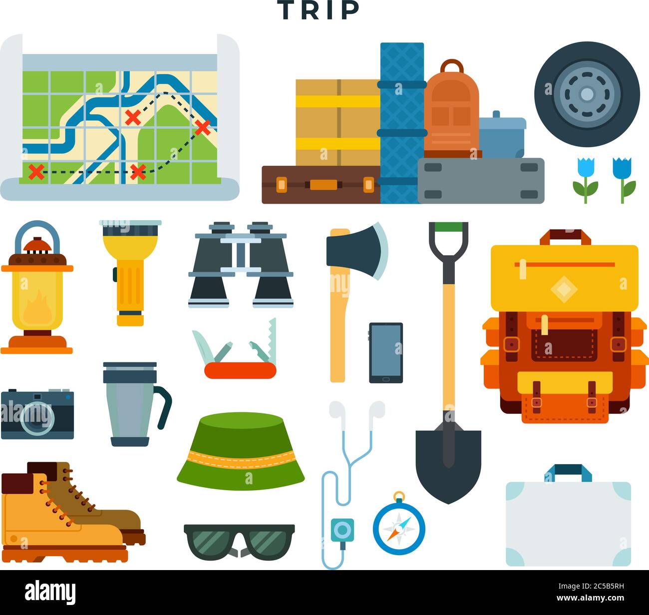 Équipement de randonnée et de camping, ensemble. Éléments pour les voyages de rétropayage. Illustration vectorielle de style plat. Illustration de Vecteur