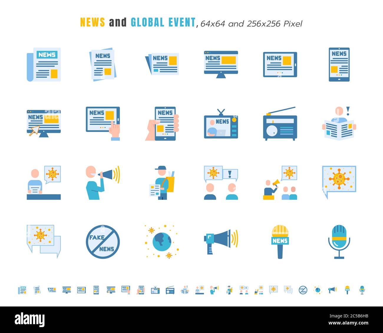 Ensemble simple de nouvelles et événement mondial de coronavirus, Covid-19 lié dans différentes plates-formes. Comme tablette, téléphone, bulle vocale. Icônes de couleur plate VEC Illustration de Vecteur