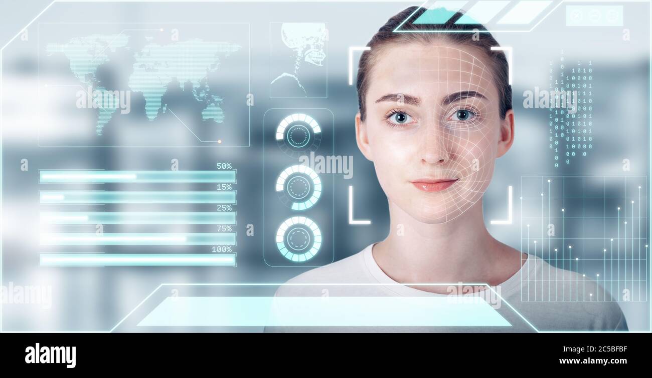 Intelligence artificielle futuriste reconnaissance biométrique du visage, IA personnelle Identify face Scan avec technologie Smart Virtual interface Database. Futu Banque D'Images