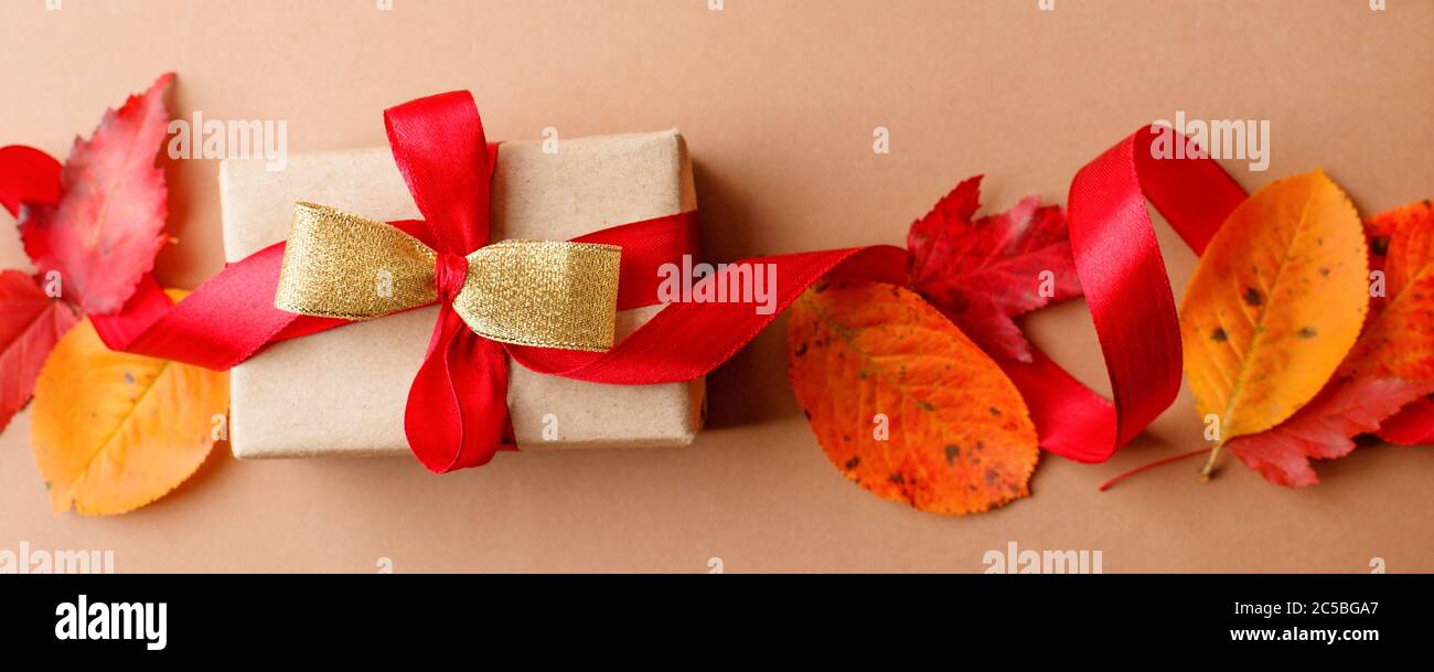 Cadeau de vacances créatif d'automne. Boîte cadeau en papier fait main avec noeud en satin, feuilles séchées sur fond beige. Jour de Thanksgiving, arrière-plan d'automne. Banque D'Images