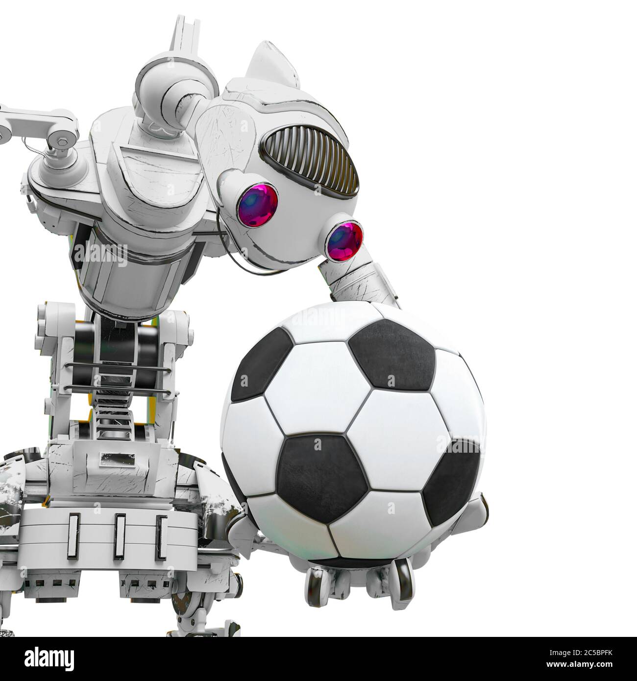 un robot sympathique tient une balle de football sur fond blanc, gros plan, illustration 3d Banque D'Images