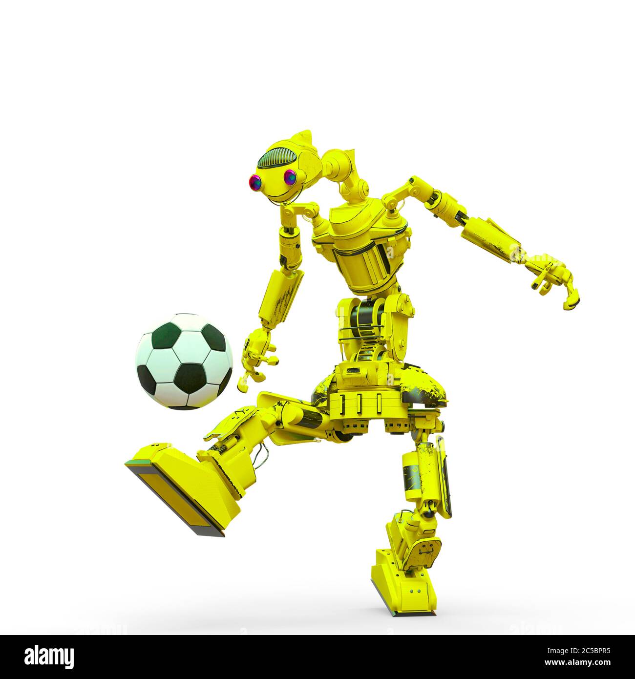 sympathique robot joue au football sur fond blanc, illustration 3d Banque D'Images