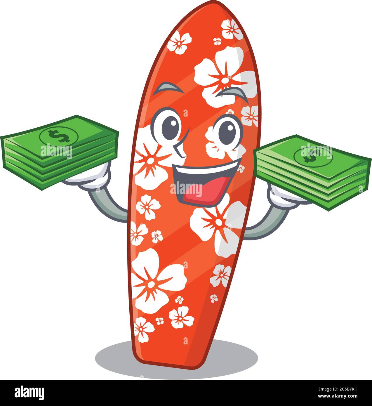 Un personnage de dessin animé riche de surf ayant beaucoup d'argent sur les mains Illustration de Vecteur