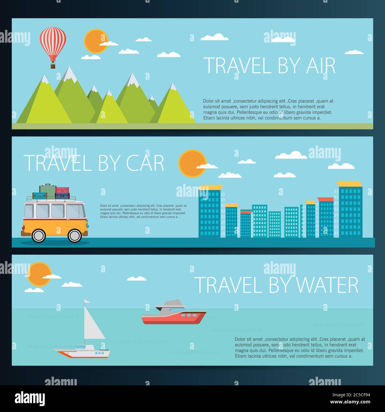 Jeu de bannières horizontales de voyage de style plat Illustration de Vecteur