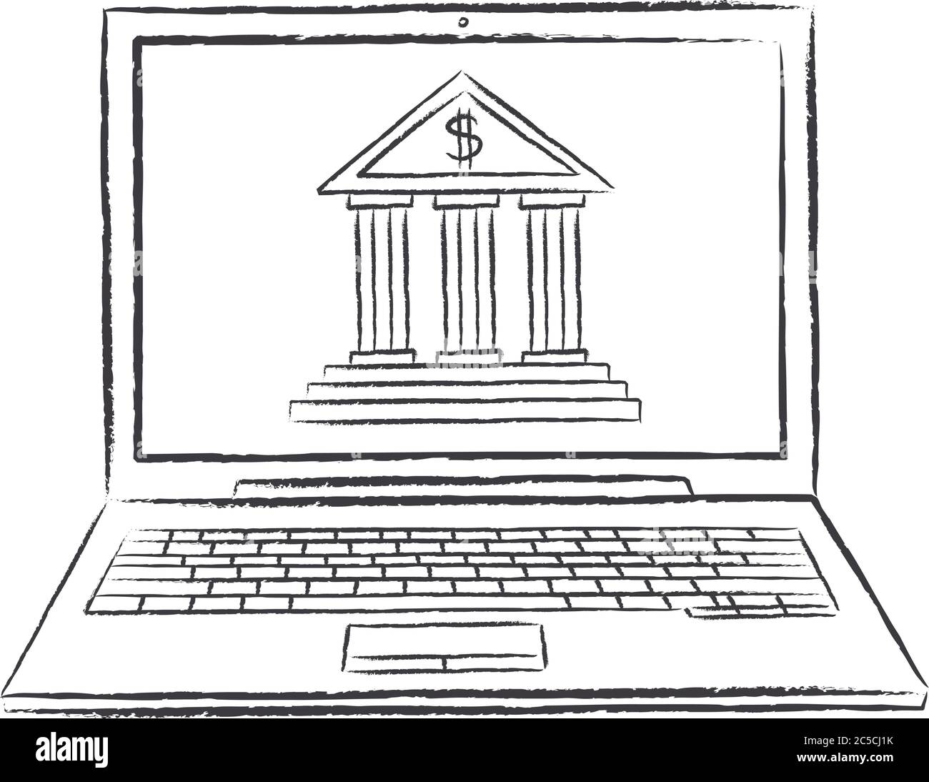 craie d'ordinateur portable avec application bancaire - vue avant. Illustration vectorielle de l'effet de coolé dessinée à la main. Illustration de Vecteur