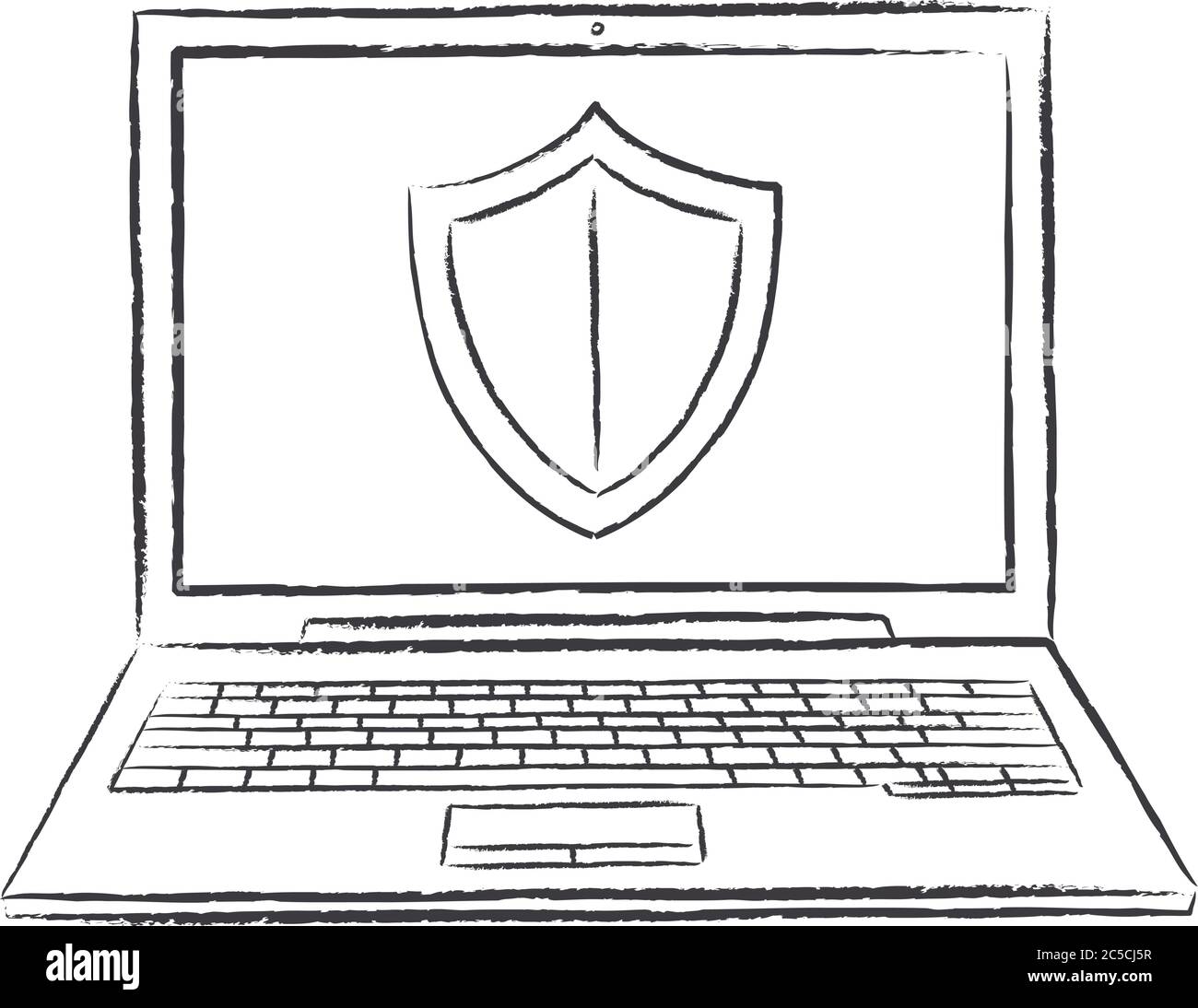un ordinateur portable de style esquisse avec protection de sécurité à l'écran. Illustration du vecteur de caniche dessiné à la main. Illustration de Vecteur