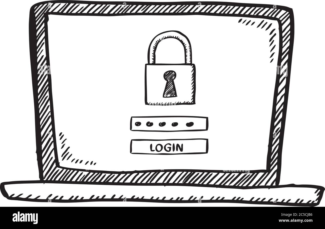 Style de dessin animé de l'ordinateur portable avec connexion pour sécuriser le compte à l'écran. Illustration du vecteur de style d'esquisse. Illustration de Vecteur