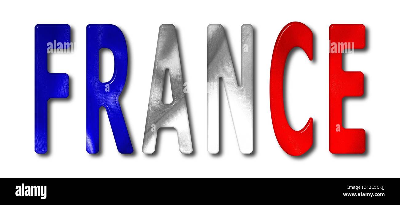 Mot de France avec une texture de drapeau biseauté sur un fond blanc isolé avec un chemin de coupure avec et sans ombres Banque D'Images