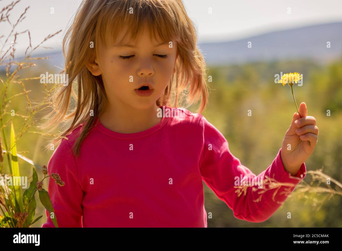 petite fille ramassant une fleur dans l'herbe Banque D'Images