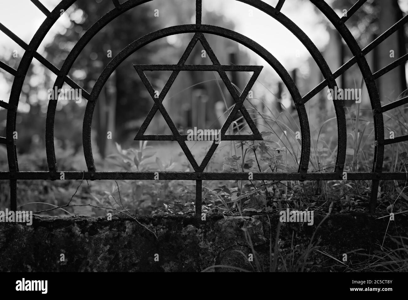 Cimetière juif herbeux hors foyer, pris à travers Star of David à l'intérieur d'arcs qui fait partie de la haie d'acier autour d'elle. Banque D'Images