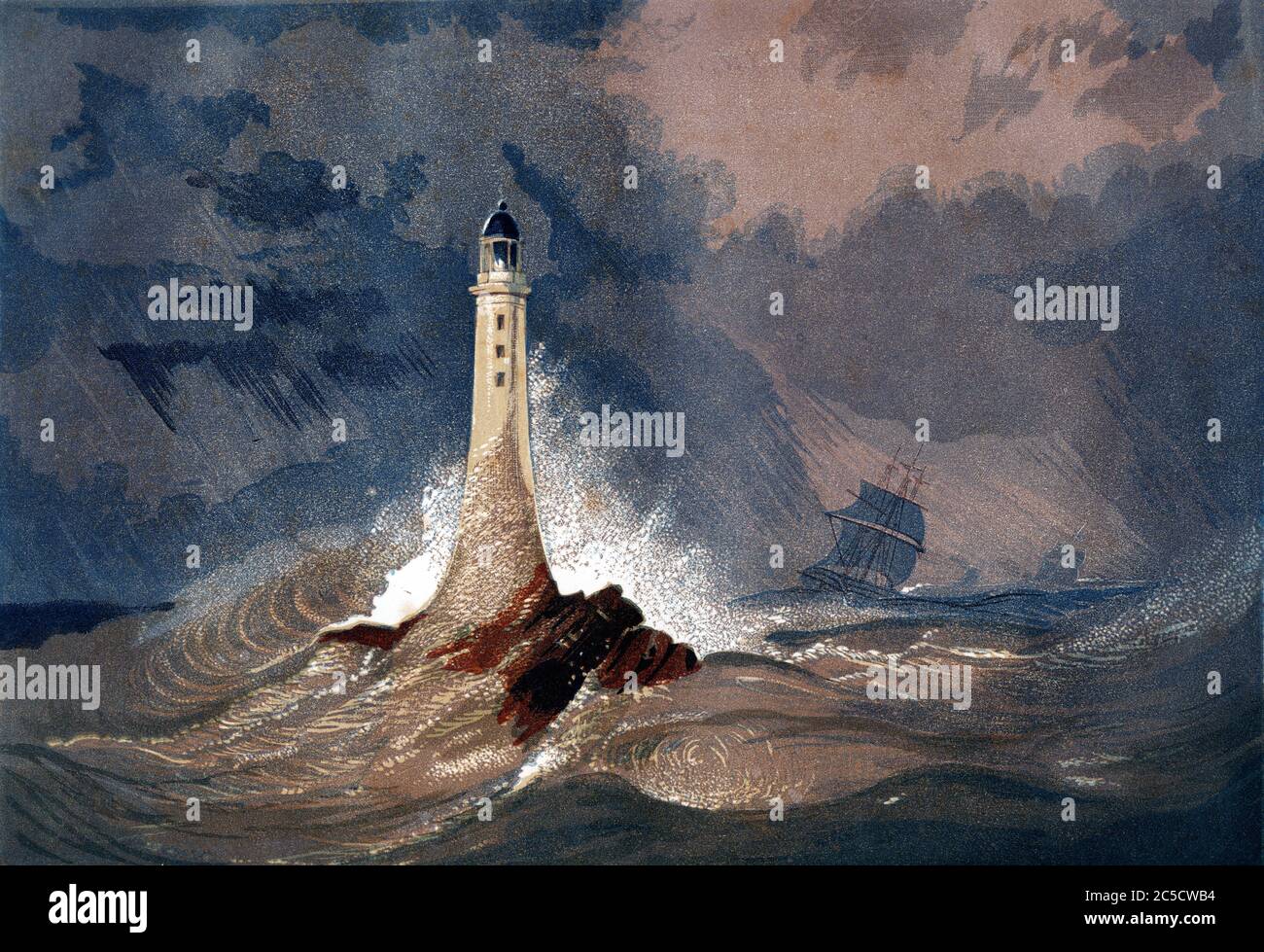 Une illustration en couleur vintage gravée du phare d'Eddystone (Tour Smeaton), d'un livre victorien daté de 1847 qui n'est plus sous copyright Banque D'Images