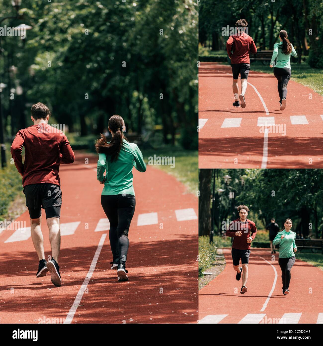Collage de couple dans des vêtements de sport jogging sur piste de course dans le parc Banque D'Images