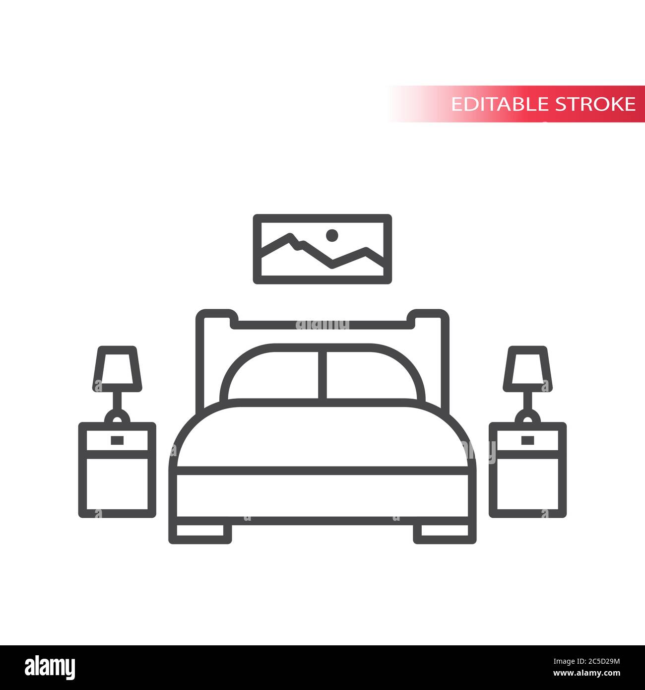 Mobilier de chambre, maison intérieur fin ligne vecteur icône ensemble. Lit avec oreillers et lampe sur table de nuit. Contour modifiable. Illustration de Vecteur