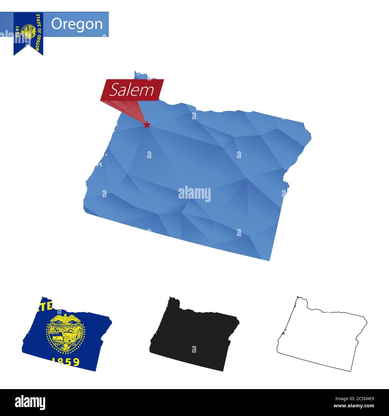 Carte de l'État de l'Oregon bleu Low Poly avec la capitale Salem, versions avec drapeau, noir et contour. Illustration vectorielle. Illustration de Vecteur