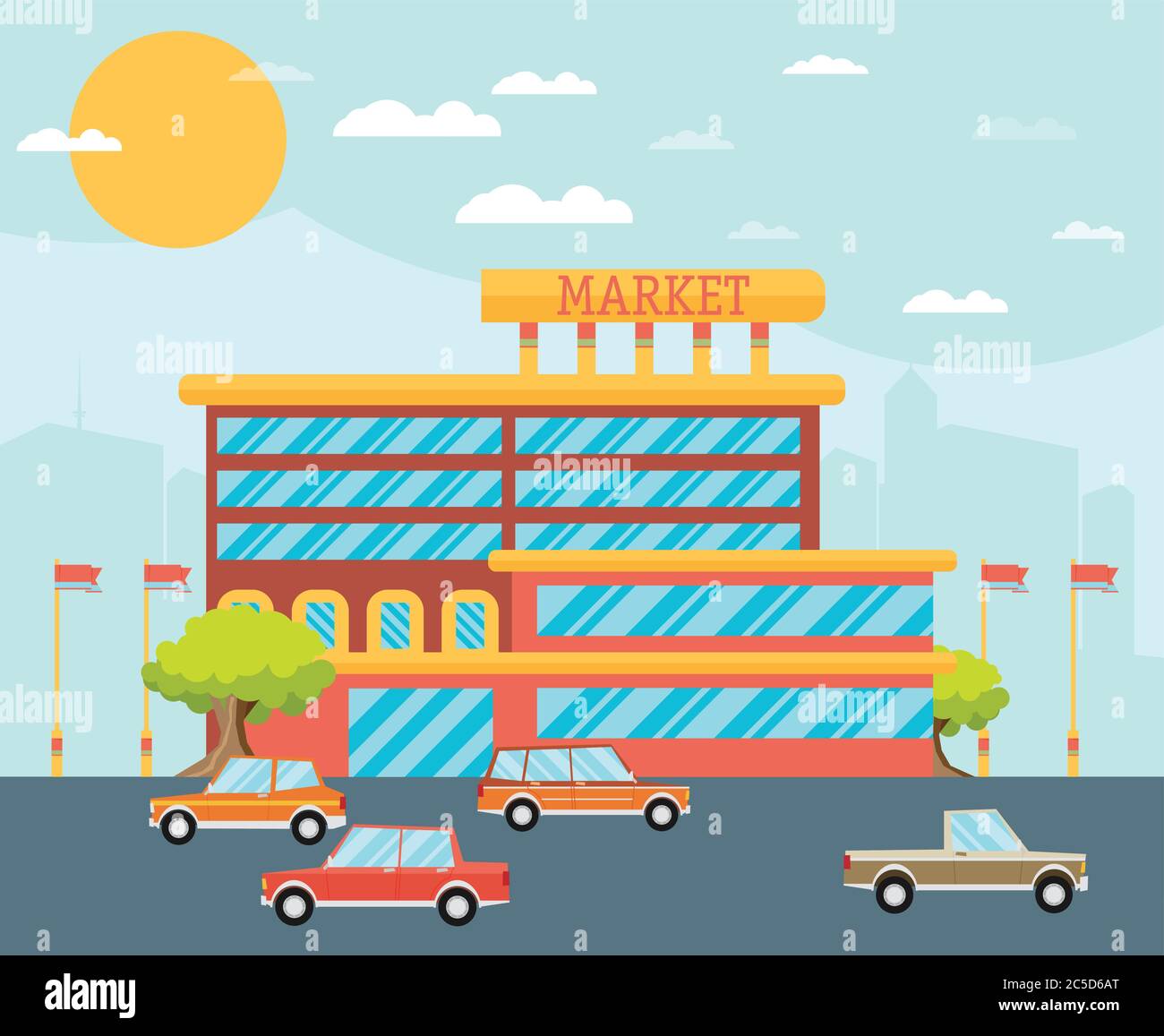 Façade de supermarché avec parking devant elle, illustration vectorielle plate. Illustration de Vecteur