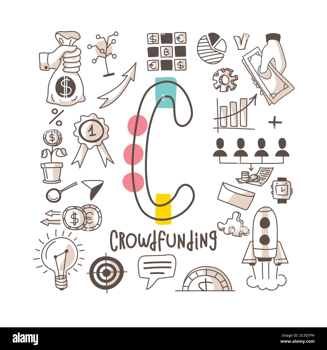Lettre C - crowdfunding, série d'alphabet mignon en style doodle, illustration vectorielle Illustration de Vecteur