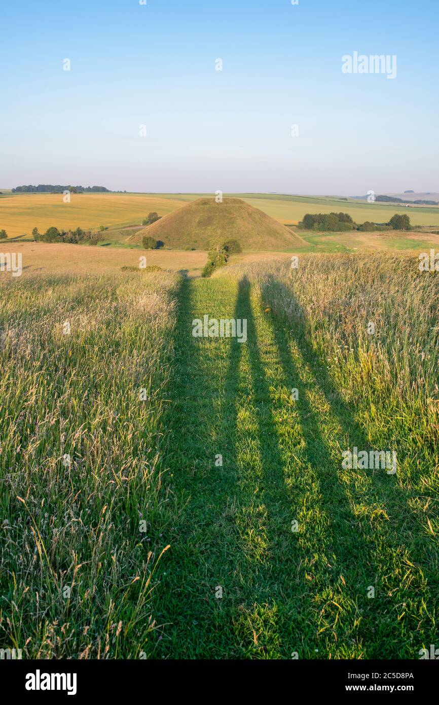 Les gens ombres devant Silbury Hill en été au lever du soleil. Avebury, Wiltshire, Angleterre Banque D'Images