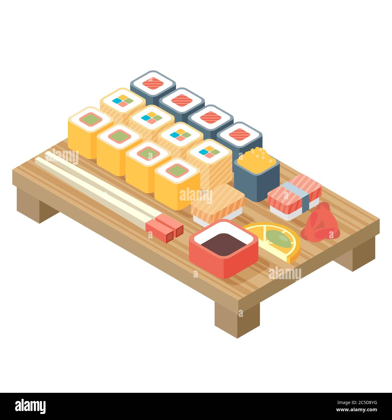 Sushi, cuisine japonaise. Ensemble de mets asiatiques avec petits pains à sushis sashimi. Illustration vectorielle isolée conception plate. Illustration de Vecteur