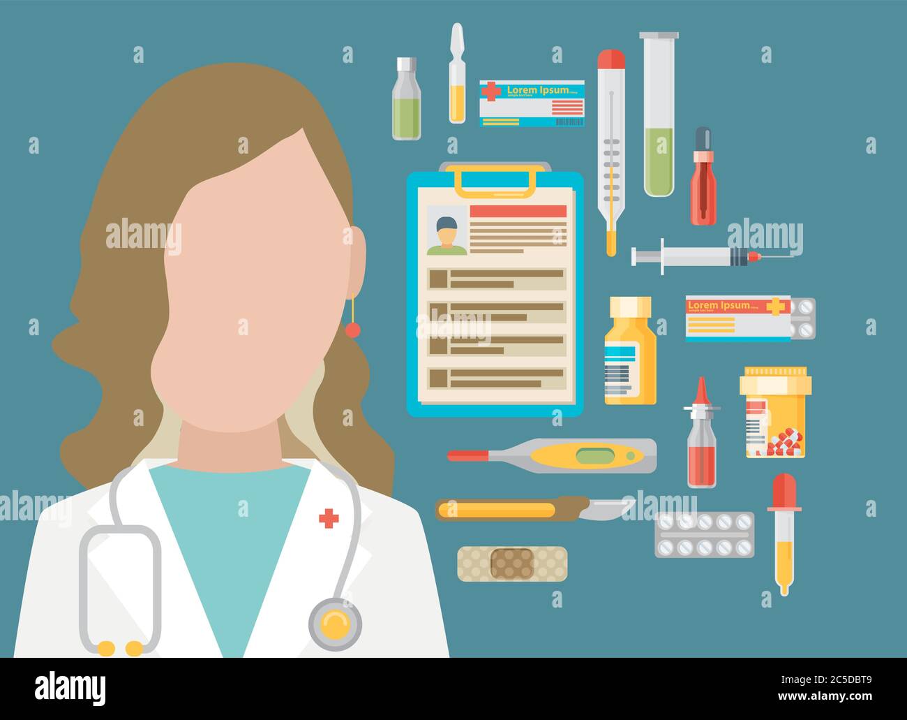 Concept de médecine. Illustration vectorielle de style moderne et plat avec jeu d'icônes et médecin féminin Illustration de Vecteur