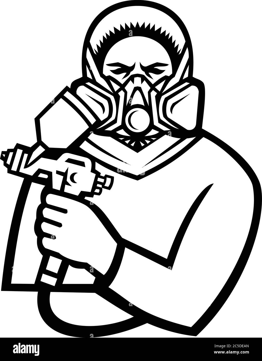 Mascotte noire et blanche illustration d'un masque de peinture ou masque de peinture industriel peinture laboueuse vue de l'avant sur isola Illustration de Vecteur