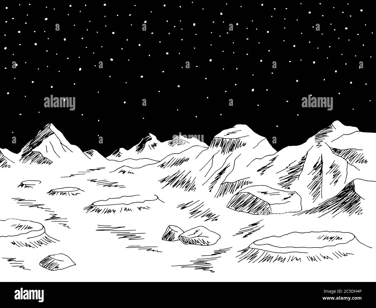 Illustration d'esquisse paysage noir blanc d'espace graphique de planète extraterrestre Banque D'Images