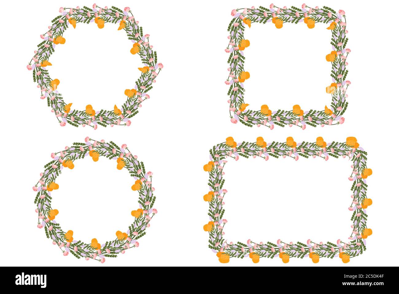 Ensemble de couronne d'invitation avec lilas, pissenlit, fougère et fleurs roses. Modèle floral pour fêter l'anniversaire et le mariage. Décoration vecteur vintage. Illustration de Vecteur