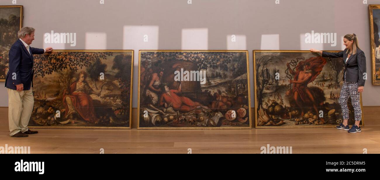 Bonhams, New Bond Street, Londres, Royaume-Uni. 2 juillet 2020. Bonhams peintures Old Masters Prévisualiser la vente, avec la vente qui se tiendra les 7 et 8 juillet, pendant la semaine de l'art de Londres. Image: Attribué à Francisco Barrera (Madrid 1595-1657). The four Seasons (ensemble de 4 tableaux), estimation: £150,000-250,000. Crédit: Malcolm Park/Alay Live News. Banque D'Images