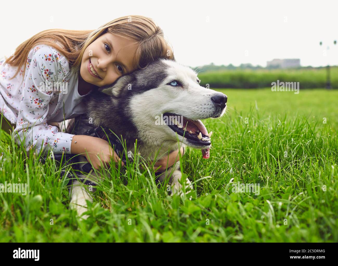 Animaux de compagnie chien et enfants. Husky amitié avec les chiens et blonde filles pour une promenade dans le parc. Banque D'Images